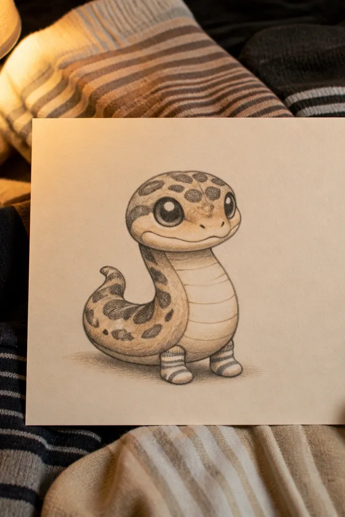 A chibi snake with tiny legs and cozy sock-like shading