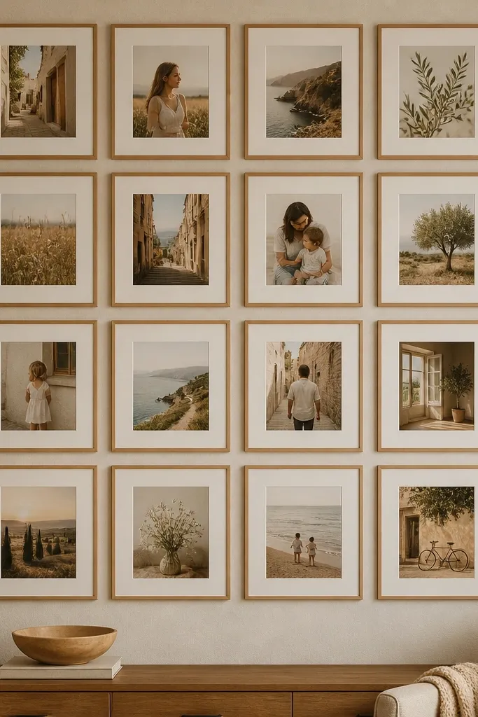 A wall collage made with a cream linen-texture backing, four rows of photos in a neat grid. Each photo has a white mat border, and the frames are thin, light-wood rectangles. The overall palette is warm cream and honey wood, with small gaps between pictures.