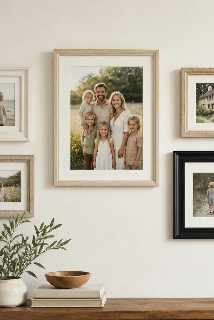 Five mismatched thrift frames surround one large family photo in the center. The frames are in cream, pale oak, and one matte black, all with similar inner openings. The photos look slightly different sizes, but the center image is clearly larger and sits highest.