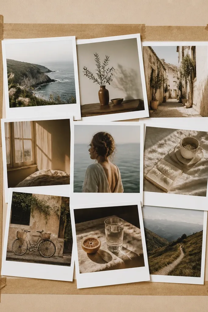 A collage where photos look like Polaroids, each with a white border. The prints overlap slightly, and a strip of brown craft tape frames the outside edge. The wall area is surrounded by a soft tan background paper.