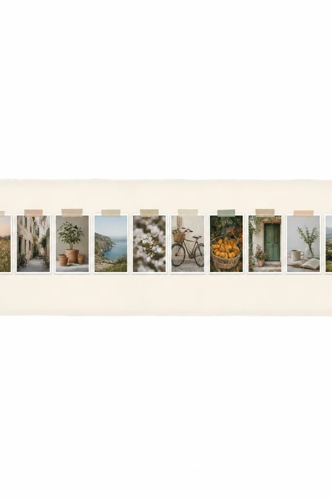 A long horizontal collage with a cream paper banner background. Twelve small photos are arranged in a gentle line with equal spacing. Each photo has a thin white mat and tiny strips of paper behind the top edge like a bunting feel.