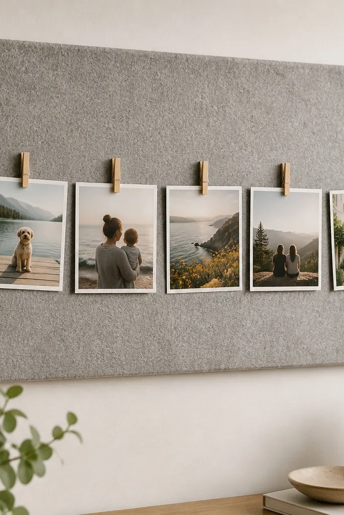 A soft gray felt board mounted on the wall with a horizontal row of photos held by tiny wooden clothespins. The felt looks fuzzy, and each photo is framed by a small white border. The clips are evenly spaced, with a couple photos slightly tilted.