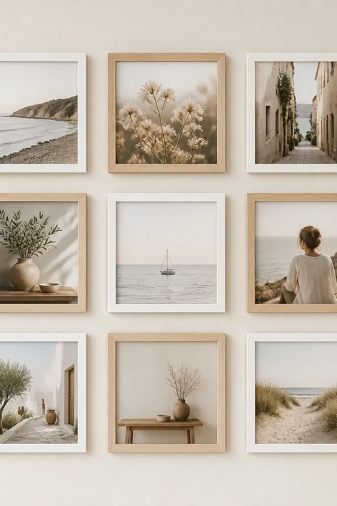 Nine square photos arranged in a 3x3 grid. Frames alternate between white and light wood, creating a checker-like rhythm. The background is a pale warm wall color, and the spacing is uniform.