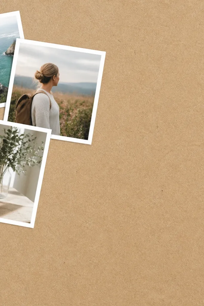 A kraft paper background with a cluster in the upper left corner. Three photos sit in a triangular arrangement, each with a thick white mat. One photo overlaps the kraft paper edge, and the kraft grain is visible.