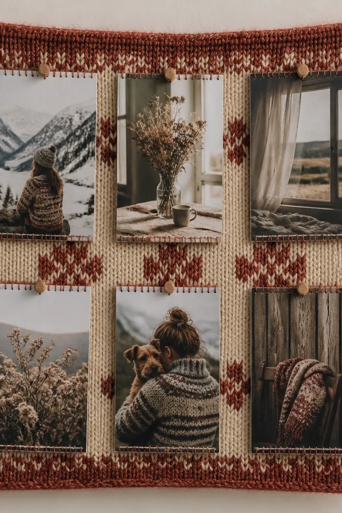 A fabric panel made from a knit sweater-like material with a small photo grid. The photos are stitched or pinned with small wooden pins, and the fabric shows knit texture in muted red and cream.