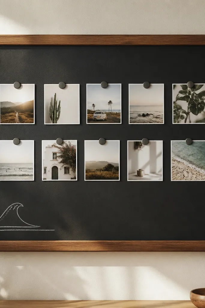 A chalkboard painted rectangle with a wooden frame. Photos are printed on small squares and held by magnets, arranged in rows. A piece of chalk writing sits in one corner, and the rest is clean.