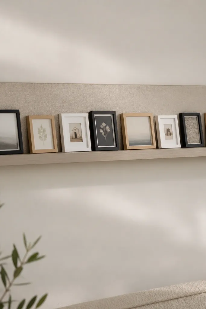 A narrow floating shelf with ten mini frames lined up. Frames include small white, black, and wood ones, but all have the same thickness. Behind them is a warm neutral backing panel, and a few frames lean slightly.