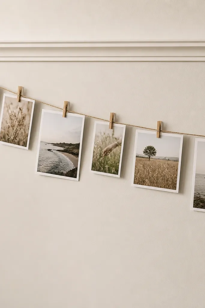 A picture rail molding on the wall with twine strands. Photos are clipped with small clothespins along the twine, arranged in a gentle diagonal. The background is plain and the photos look slightly varied in size.