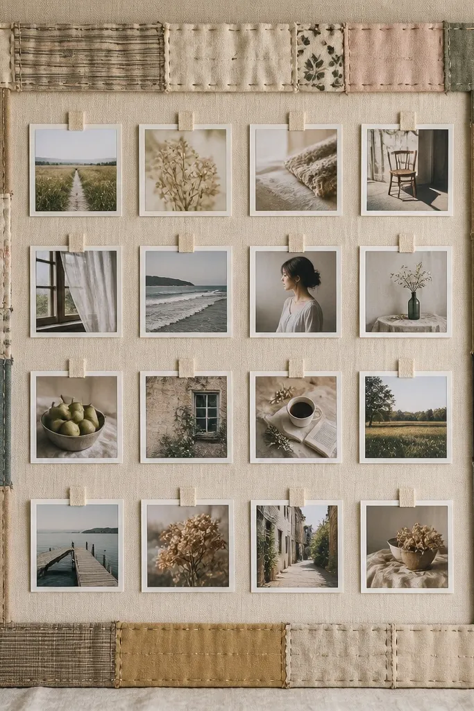 A larger frame made from stitched fabric scraps in muted colors. Inside, 14 mini photos are mounted in rows with small tape tabs. The fabric border shows stitched seams and visible texture.