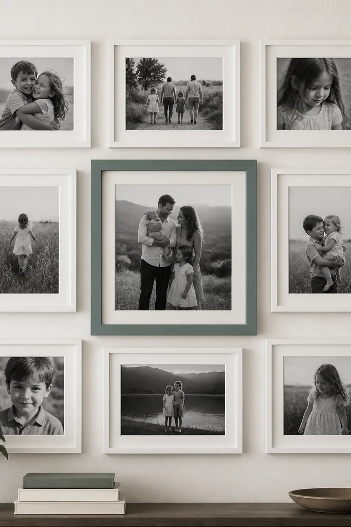 A grid of black-and-white family photos in white frames. One frame in the grid is a muted teal or rust color, and that photo is slightly larger. The rest of the wall display is monochrome and calm.