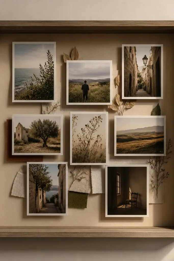 A deep shadow box on the wall with a warm paper backing. Inside are eight photos layered with foam squares, and small dried leaf pieces or tiny fabric strips sit behind. The photos create soft shadows.
