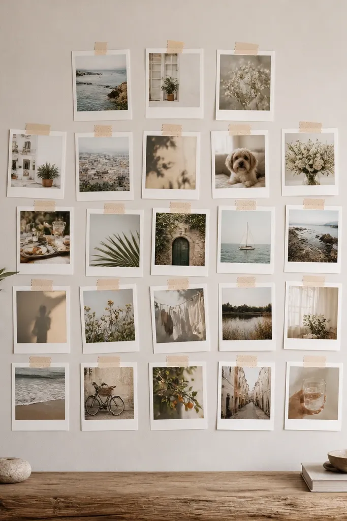 A vertical collage above a bench or console with 20 small Polaroid-style photos arranged like a landing. The photos have thick white borders and are held with warm washi tape in a soft pattern.