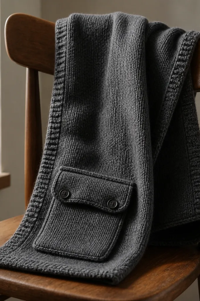 A charcoal knit scarf made from an old sweater, with a small front pocket sewn near one end. The scarf edges are bound with matching sweater ribbing, and the pocket has a visible flap and two stitched buttons. Warm light shows the knit texture and a soft drape across a wooden chair.
