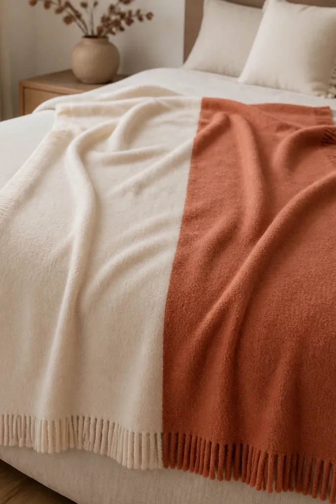 A soft, warm blanket draped over a bed. It's made from two fleece colors: cream and muted rust, with a clean seam down the middle and fringe tassels along both long sides. The fringe is even, about 2 inches long, and the fabric looks plush with visible nap.