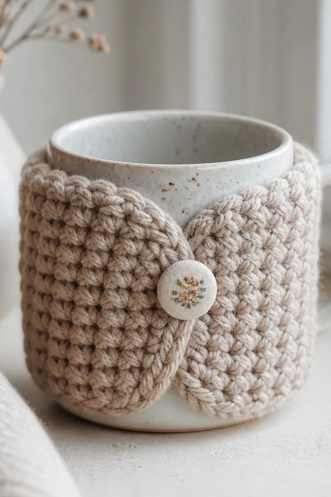 A thick, crocheted mug cozy in oatmeal yarn with a small fabric button at the front. It fits snugly on a ceramic mug, leaving the top open. The stitches look dense and the cozy texture is visibly chunky and soft.