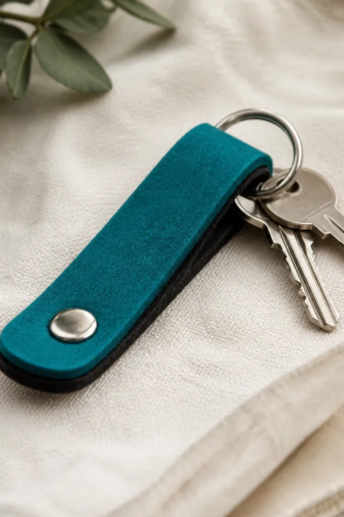 A small key fob made from two layers of bright teal and black fleece. It has a metal snap at the end and a loop that holds keys. The edges look clean and the fabric is layered smoothly with no fraying.