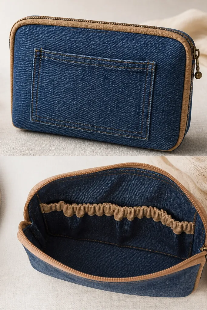 A small fabric pouch made from blue denim with a top zipper. It has a stitched-on elastic band on the inside and a neat front panel with a patch pocket. The denim edges are bound with tan bias tape.