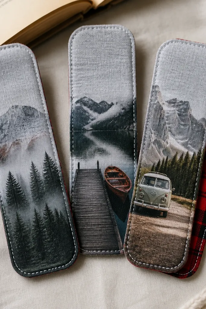 A set of three bookmarks shaped like long tabs. Each bookmark is made from soft gray hoodie fabric with a glossy photo transfer image on the front, and the back is a contrasting red flannel. The edges are stitched and the corners are rounded.