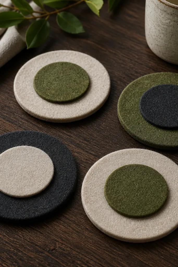 Four round wool felt coasters in muted beige, moss green, and charcoal. Each has a smaller felt circle layered on top in a clean geometric pattern. The edges are neat, and the coasters sit on a dark wood table.