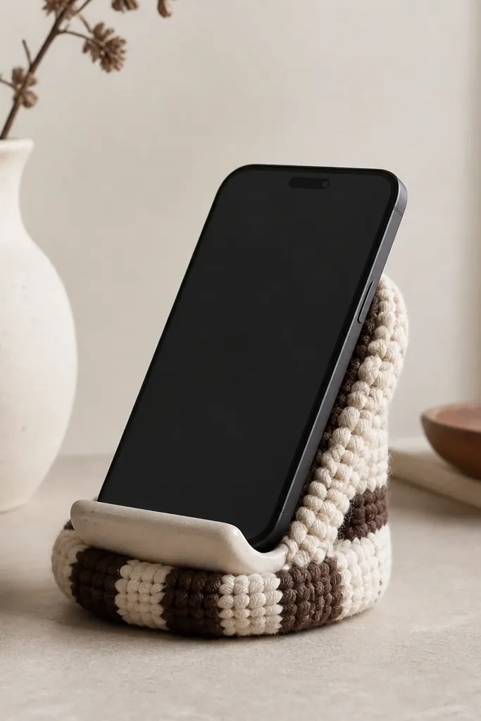 A small phone stand shaped like a tilted cradle. The base is wrapped in thick yarn in alternating cream and dark brown bands. The stand has a smooth front lip and a textured back that looks hand-knitted.