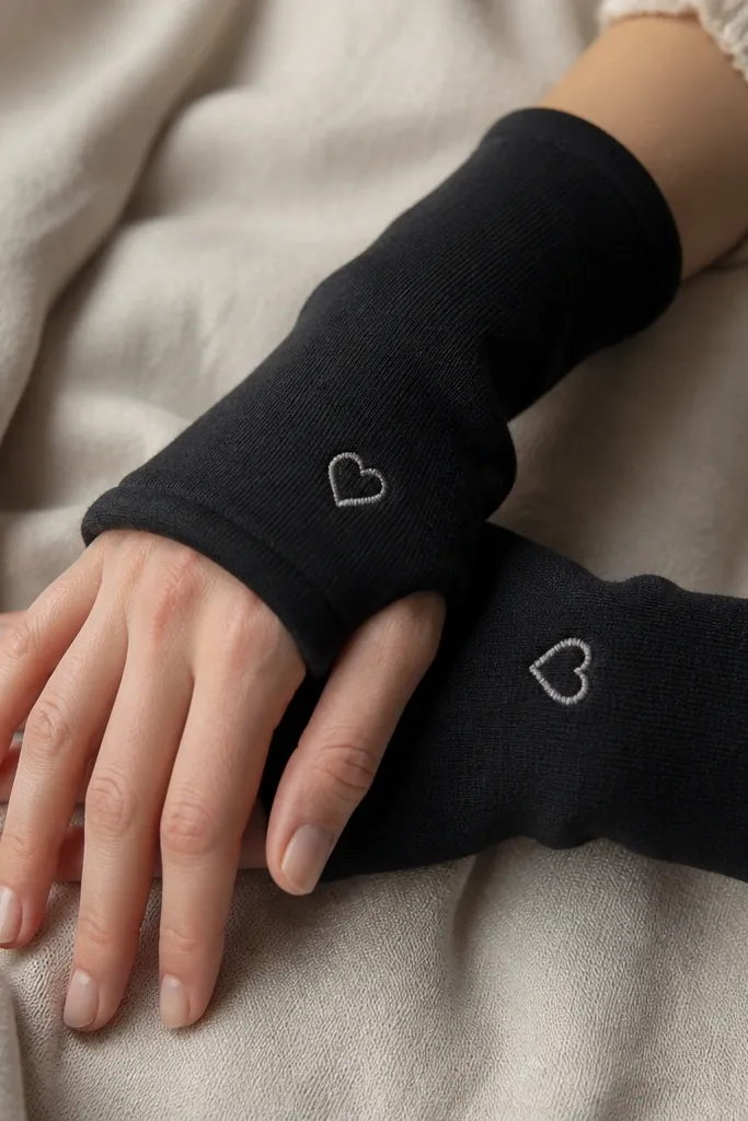 Pair of wrist warmers made from soft sweatshirt cuffs. Each has a small embroidered heart and a neat folded edge. The cuffs are black with light gray thread embroidery, and the fabric looks stretchy.