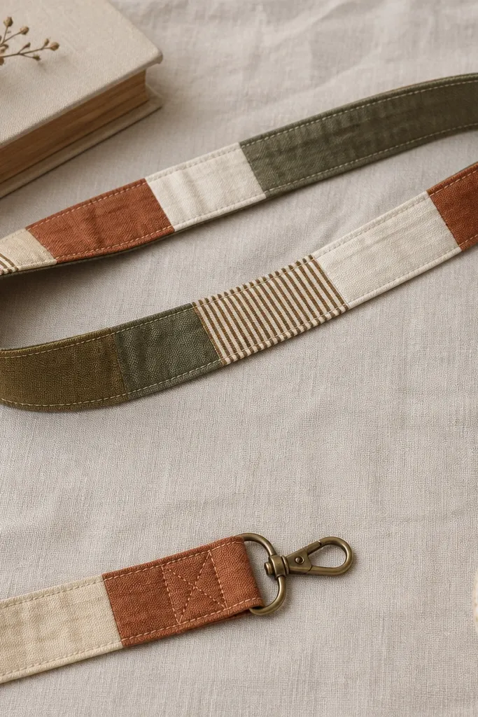 A long fabric strap made from stitched fabric scraps in muted colors: olive, cream, and rust. The strap ends in a small metal clip and a reinforced loop. The stitching is visible and evenly spaced, and the strap lays flat like a belt.