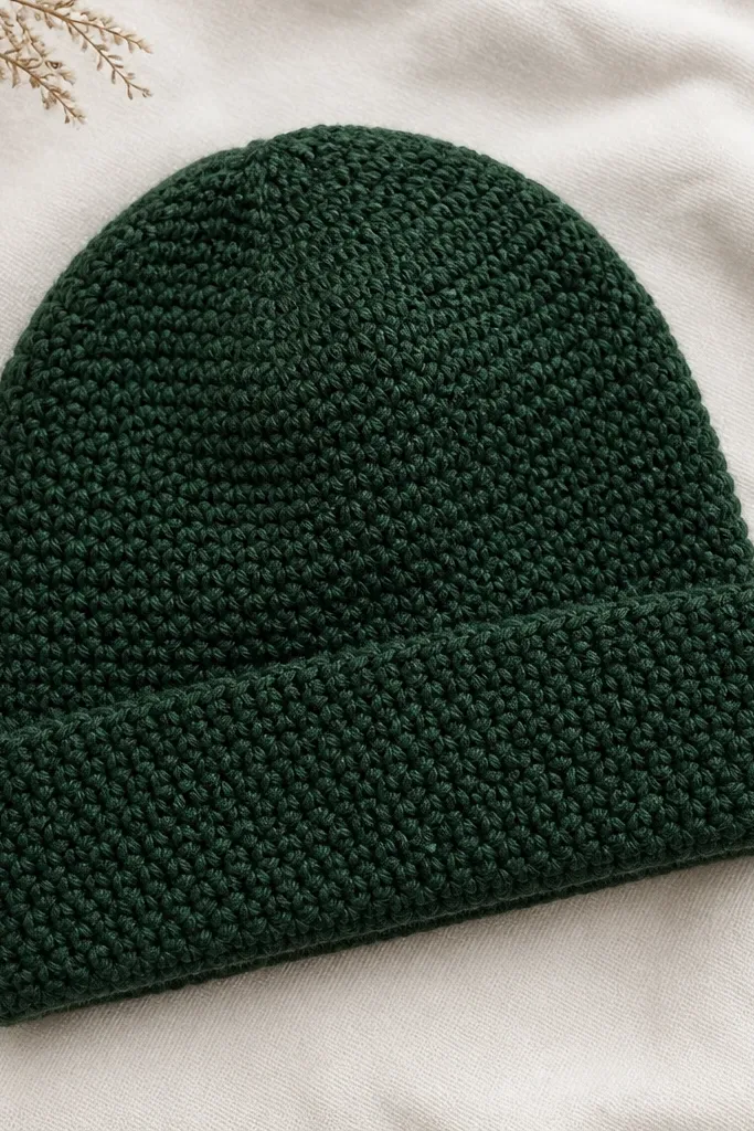 A thick crocheted beanie in deep forest green with a folded brim. The stitches look tight and even, and the top has a slight rounded crown. It's laid on a light background so the texture is clear.