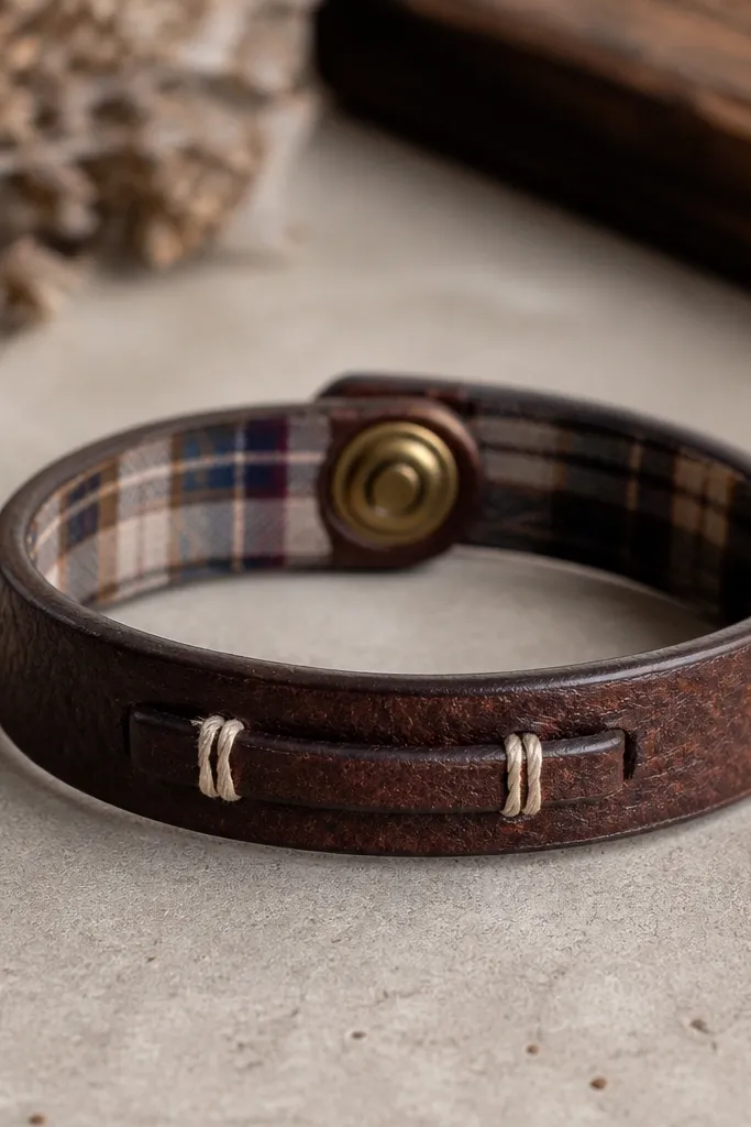 A leather bracelet cut from an old belt, with a narrow strip wrapped and stitched. The inside has a soft fabric lining in muted plaid, and the closure uses a small brass snap. The edges are burnished and smooth.