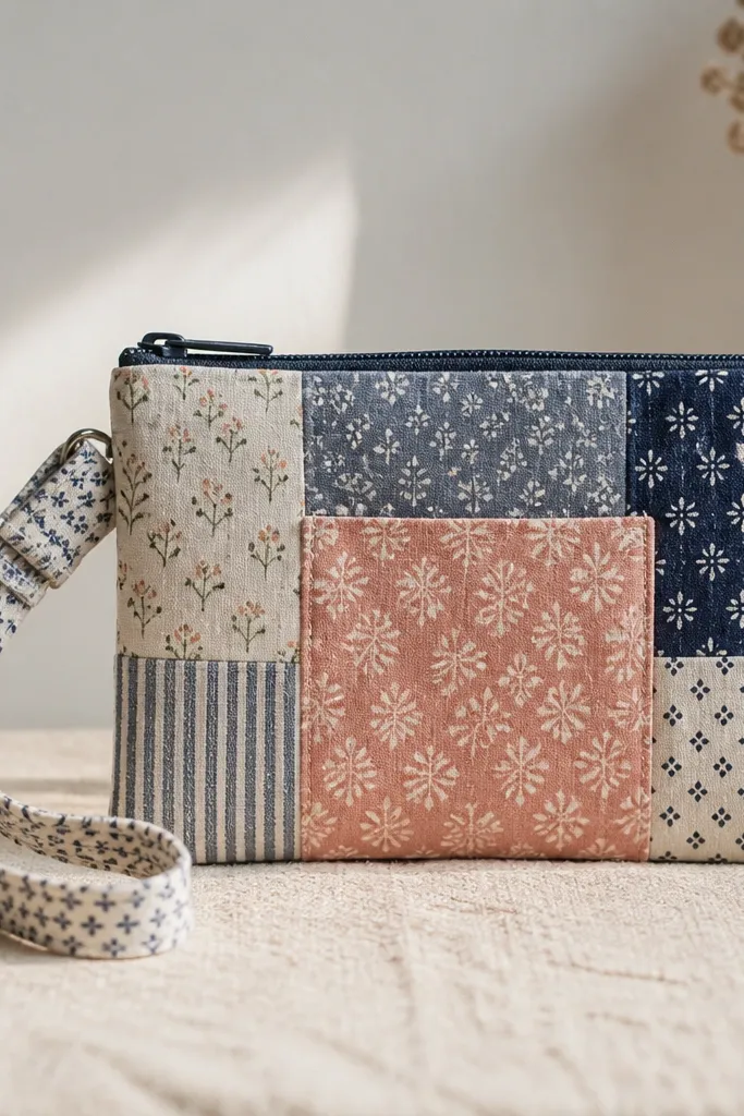 A small wrist pouch made from patterned cotton scraps with a zipper top. It has a wrist strap with a fabric buckle and a subtle patch pocket on the front. The zipper looks centered and the corners are squared off.