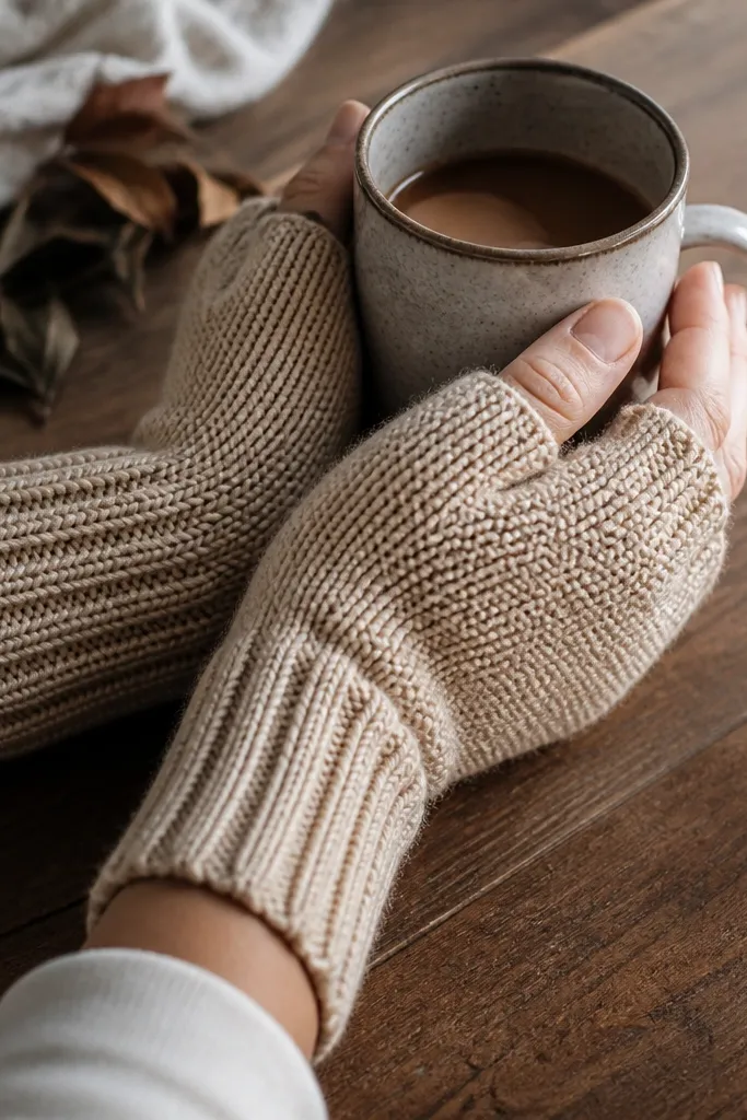A pair of fingerless gloves in warm beige yarn with a visible thumb opening. The cuff is ribbed, and the knit pattern looks tight with no gaps. The gloves sit on a table next to a mug, showing the fit and texture.