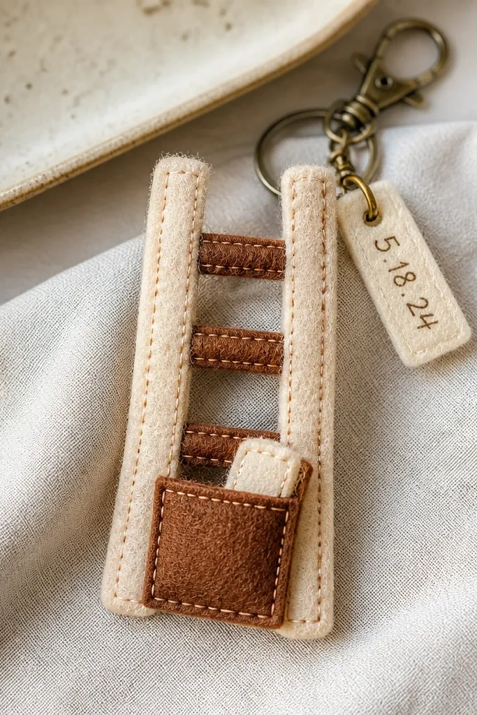 A small keychain charm shaped like a mini ladder made from stitched felt rectangles. It has a tiny pocket and a small tag with a handwritten date. The felt colors are cream and warm brown, with neat stitching lines.