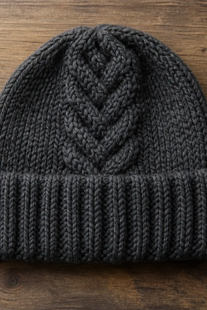 A charcoal-gray knit beanie laid flat on a wooden table. The hat has a thick ribbed band folded down about 2.5 inches, with a small cable panel centered on the crown. The yarn looks chunky and slightly matte, with soft shadows in the cable stitches.
