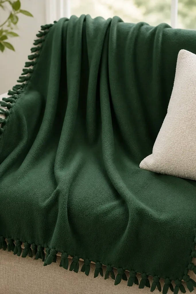 A forest green fleece blanket spread over a couch. The edges have short tie fringe strips, about 2 inches long, with neat knots along all four sides. A cream throw pillow sits beside it for contrast.