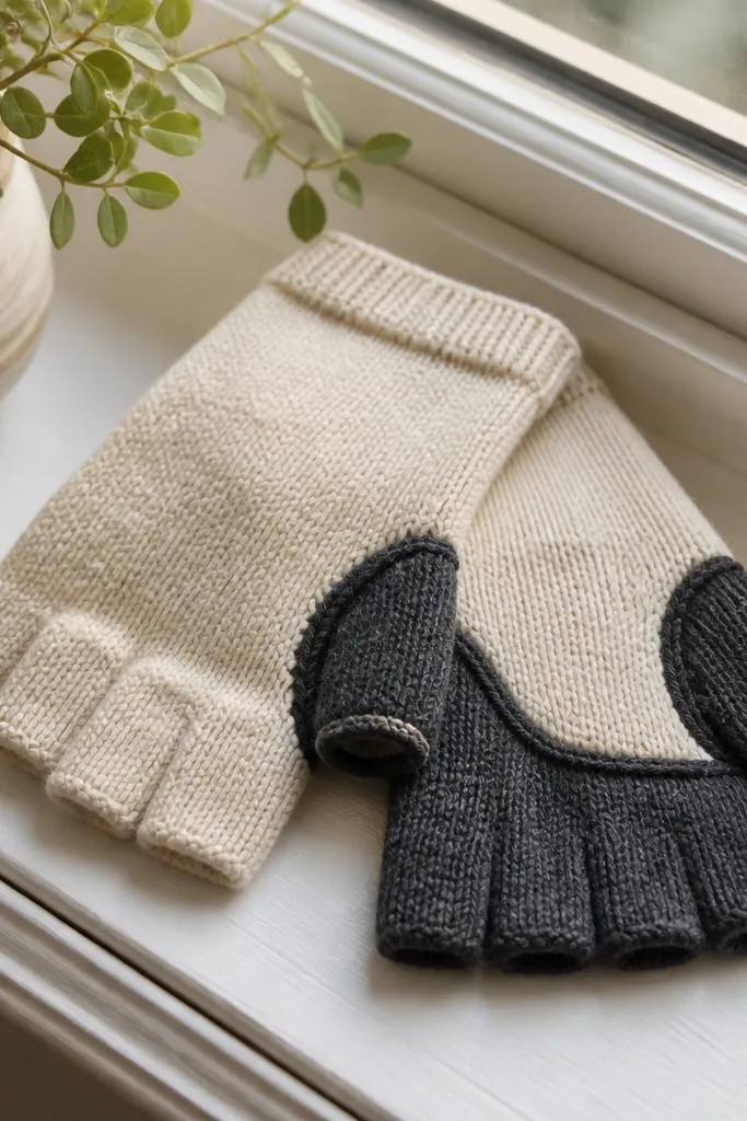 A pair of fingerless gloves photographed on a windowsill. The top half is cream knit and the palms are charcoal knit, with a small thumb opening reinforced. The cuff has a ribbed edge and the fabric stretches neatly over the fingers.