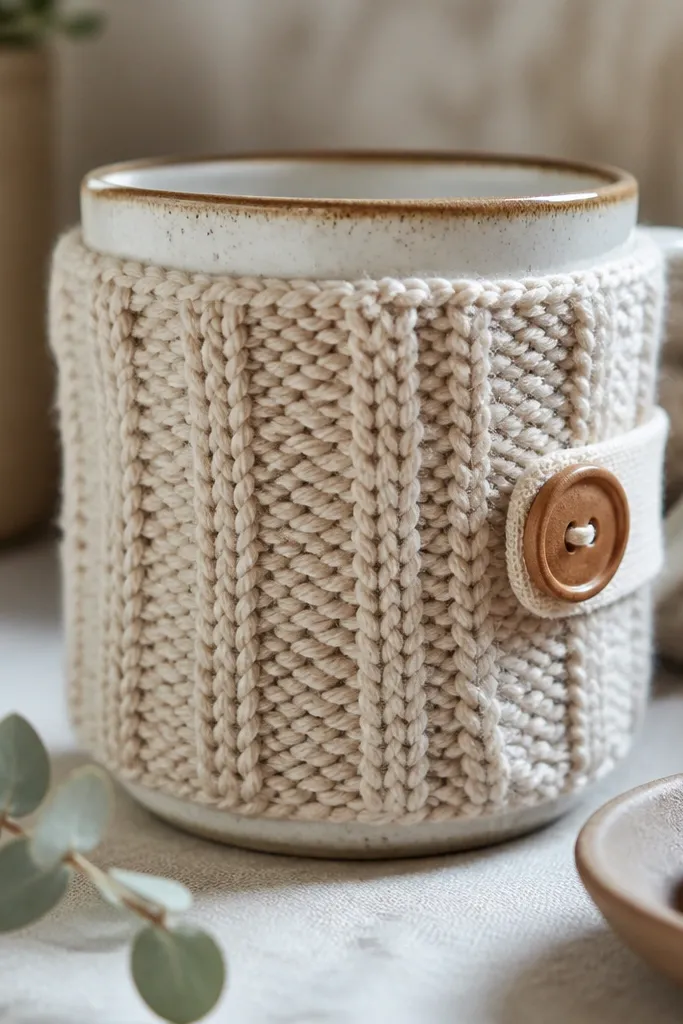 A handmade mug sleeve wrapped around a ceramic mug. The sleeve is oatmeal-colored knit with a vertical texture stripe and a small fabric tab on the side that closes with a wooden button. The sleeve looks thick and snug.