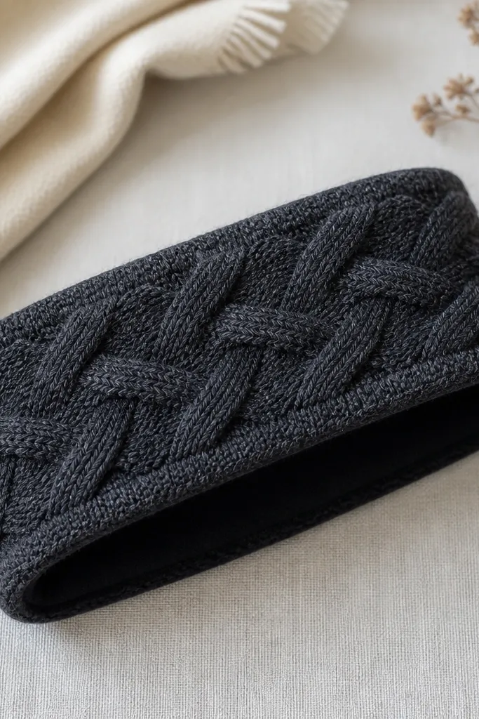 A wide headband made to look like cable knit. The top layer is dark charcoal knit fabric, and the inside is soft black fleece. It sits flat with a subtle braided texture pattern.
