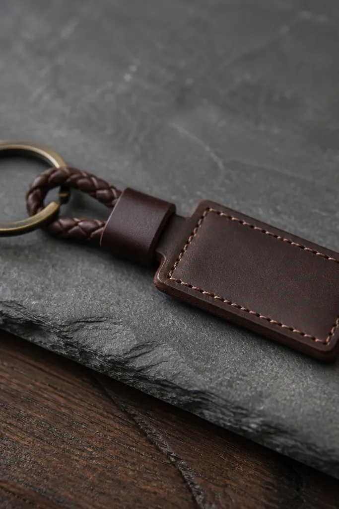 A small leather key fob on a key ring. It has a braided cord loop on one end and a simple stitched leather rectangle on the other. The leather is deep brown with a burnished edge.