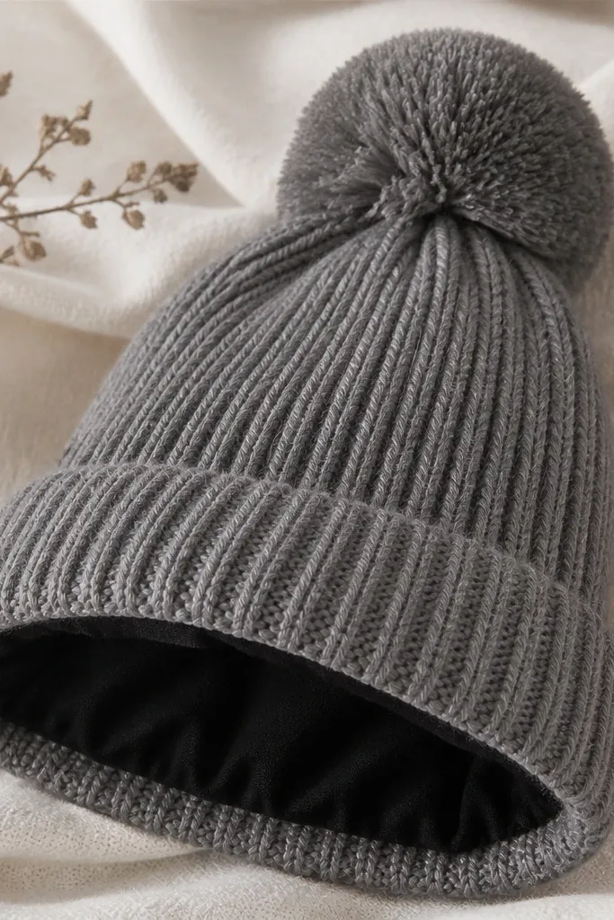 A knit beanie with a fluffy pom-pom on top. The outside is warm gray yarn and the inside lining is smooth black thermal fabric. The pom is the same yarn color and looks full.
