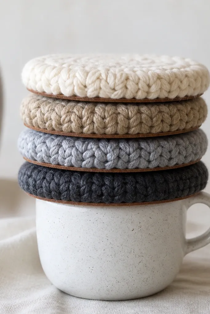 Four chunky knit coasters stacked on a mug. Each coaster is a different neutral color stripe with a leather backing visible at the edge. The yarn looks thick and textured.