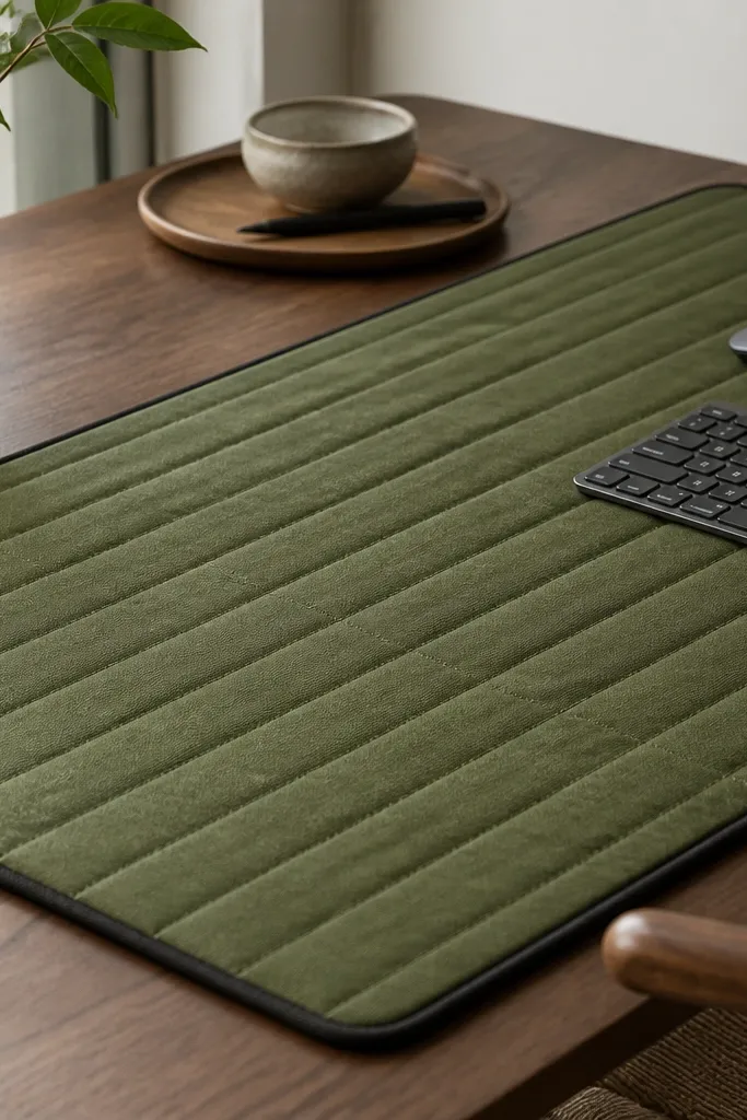 An olive-green quilted desk mat on a desk. It has visible stitch lines running parallel across the surface and a slightly padded feel. The edges are neatly bound with dark fabric.