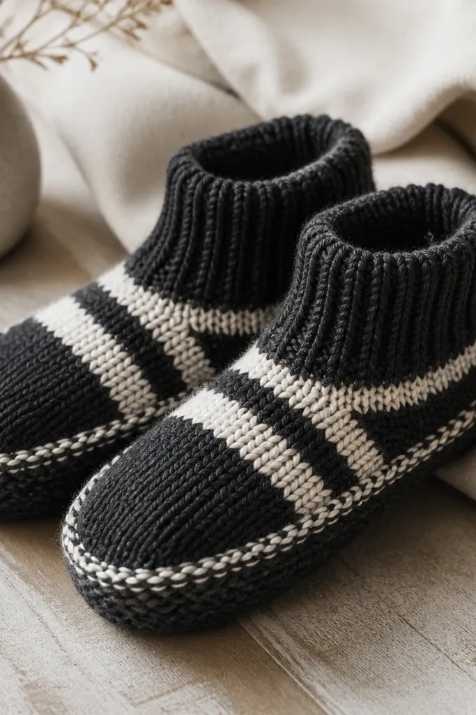 A pair of handmade slipper socks lying side by side. They have ribbed cuffs at the ankle, a soft knit upper, and a textured sole area. The colors are charcoal with cream stripes.