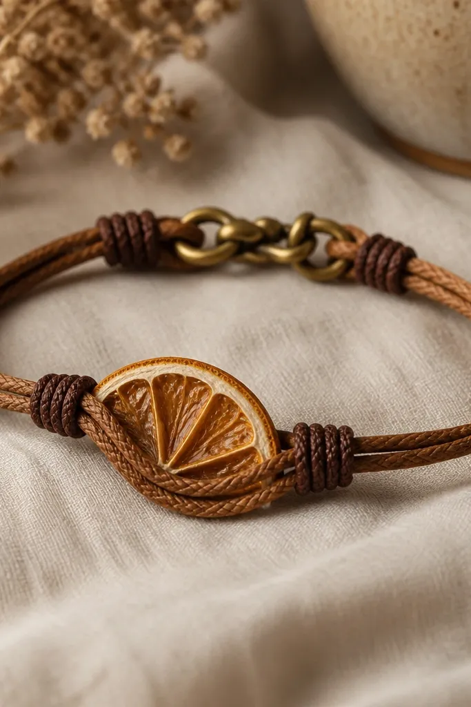 A wrist bracelet made from waxed cord in warm tan and brown. A small dried orange slice is tucked into the design near a clasp, and the cord is wrapped with tidy knots. It looks handmade and cozy.