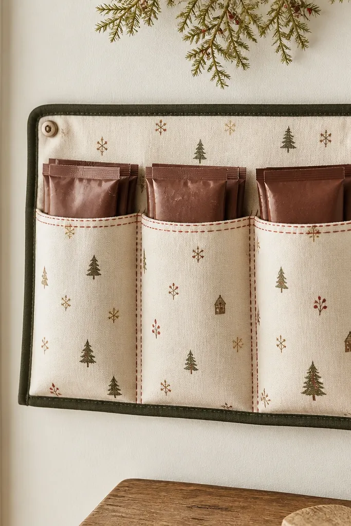 A small fabric wall pocket mounted on a wall. It has three vertical compartments for hot chocolate packets, stitched with contrasting thread. The fabric is cream with small winter motifs and a dark binding edge.