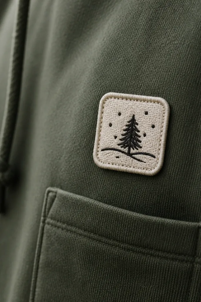 A small embroidered fabric patch stitched to the front pocket area of a hoodie. The embroidery shows a simple winter icon in dark thread on a light fabric backing. The patch edges are neatly turned and stitched.