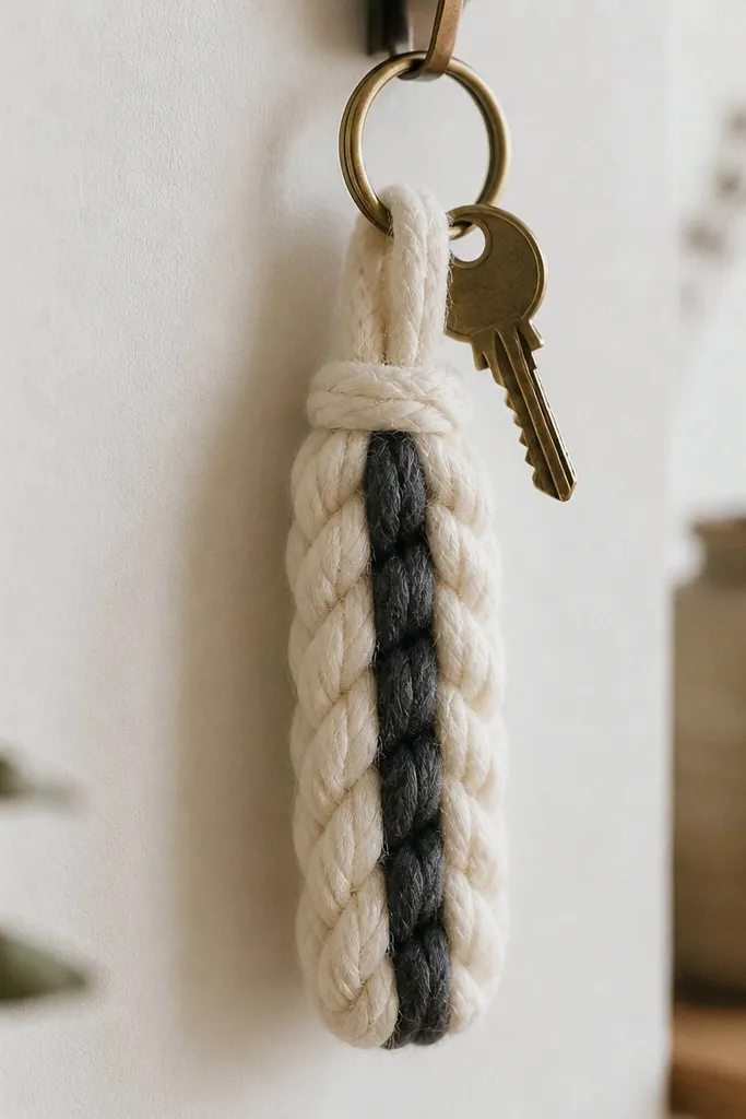 A chunky yarn keychain hanging from a key ring. It has a braided yarn body and a simple loop at the top made with a slip knot. The yarn is cream with a charcoal stripe.