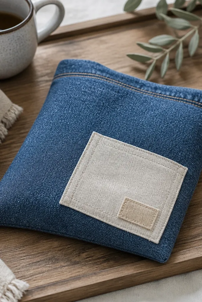 A heat pack cover made from blue denim with a top opening and a small linen pocket. The cover has visible topstitching and a neutral patch detail. It looks like a soft pouch you can remove and heat.