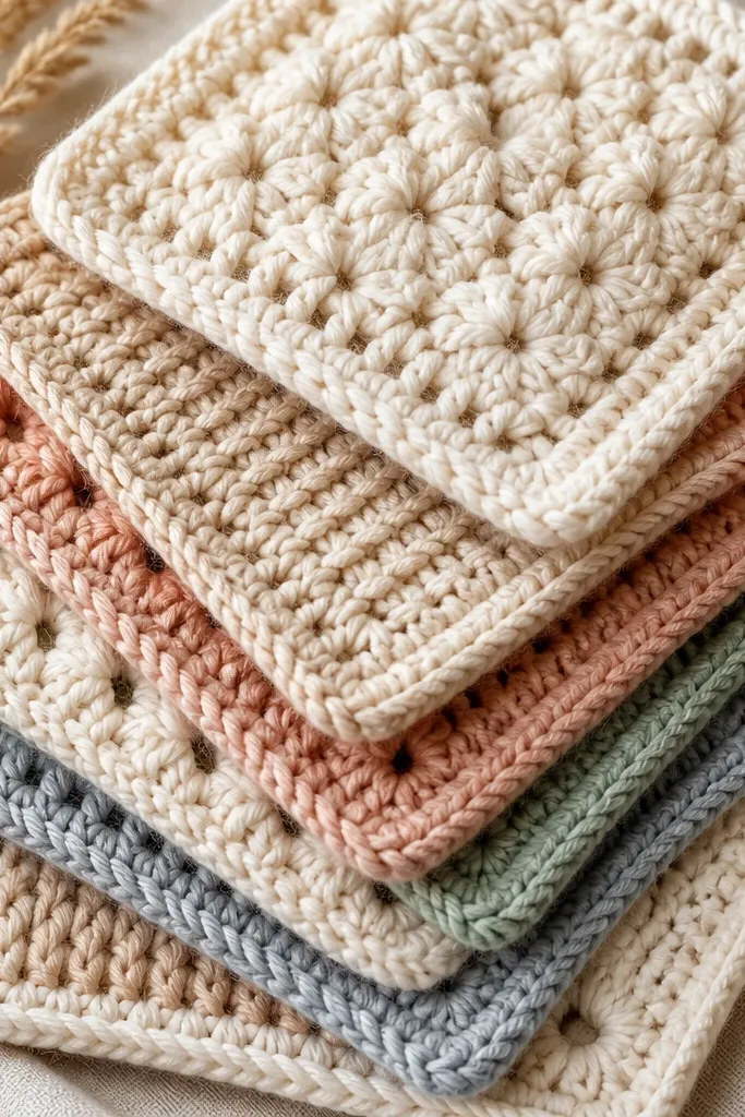 A set of crocheted blanket squares stacked together. Each square has a different stitch pattern but a matching color palette. The yarn is soft and thick, with visible loops and clean edges.