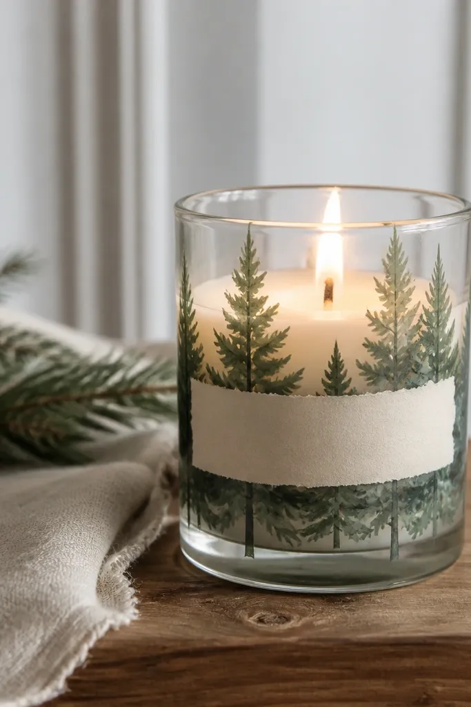 A clear glass candle jar painted with faint pine tree silhouettes in deep green. The label is a hand-written-style strip in cream paper with dark ink. The jar looks clean and the paint is thin enough to see the flame glow.
