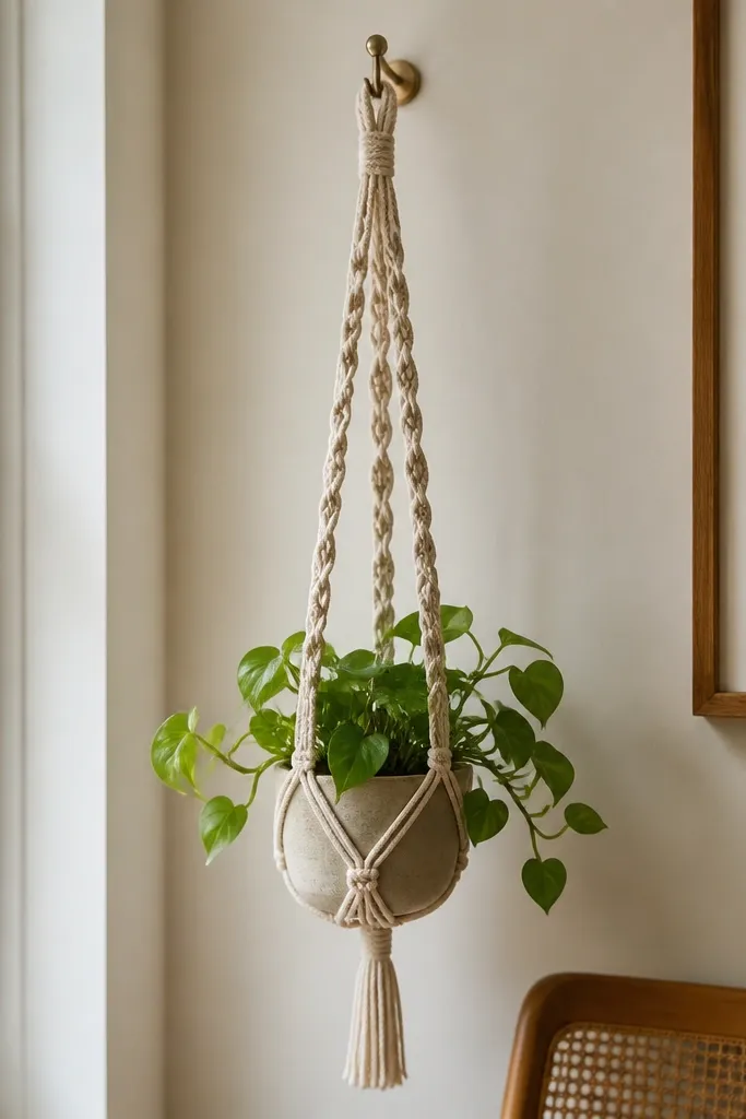 A braided macrame-style plant hanger made from thick cord. It hangs from a small hook near a window, with a pot suspended at a consistent height. The cord braid is even and the knots look tight.