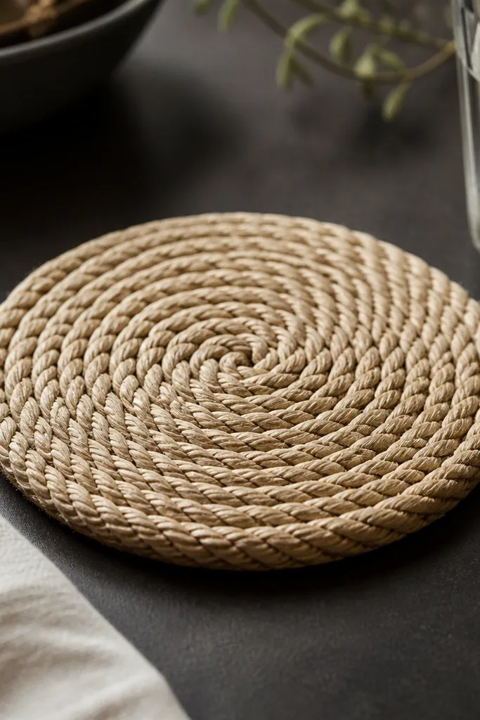 A round coaster made from tightly knotted rope in natural beige. The coaster sits on a dark tabletop, showing a neat spiral knot pattern. The edges look slightly burnished and tidy.